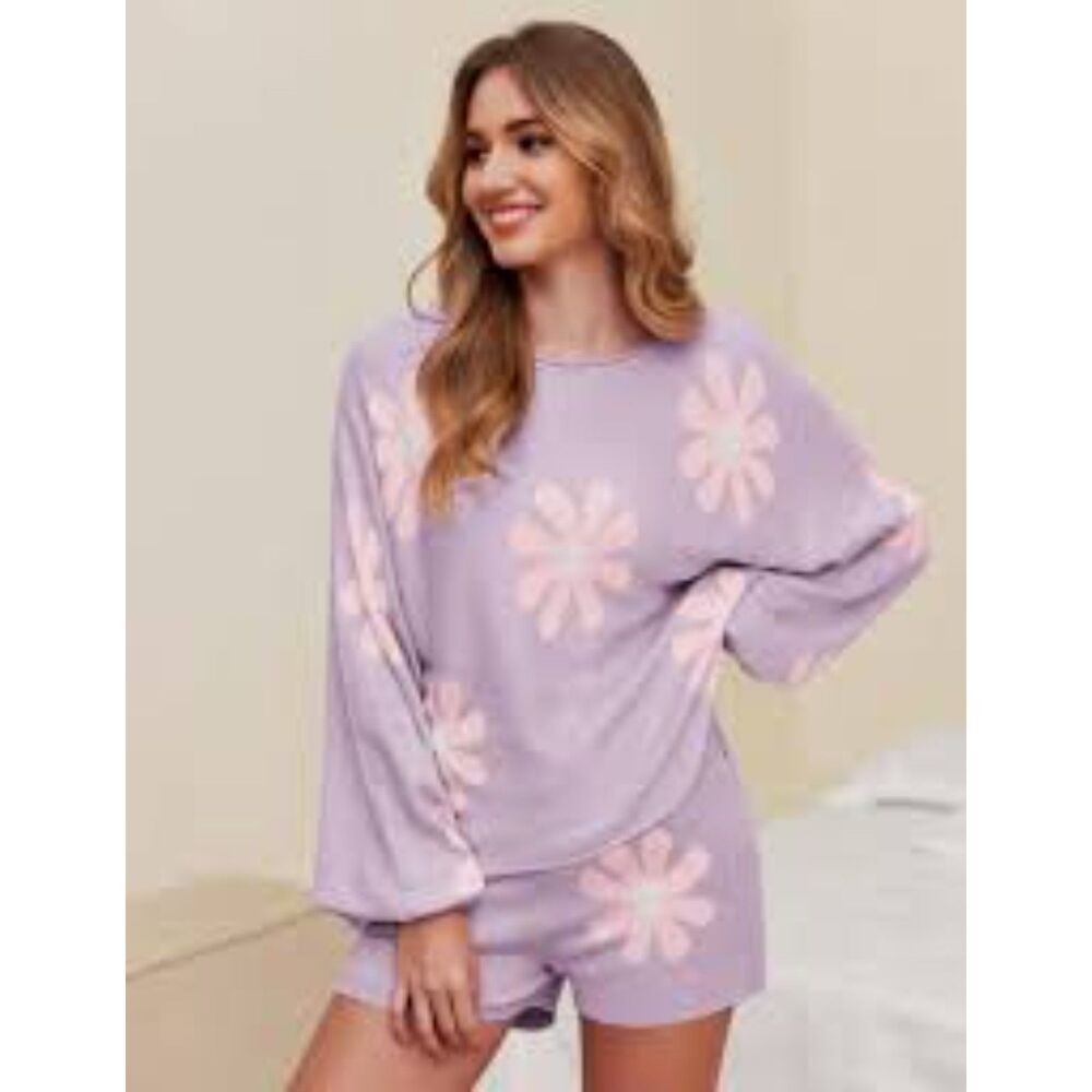Ekouaer Purple Floral Knit Lounge Set Long Sleeve Top Shorts 2-Piece Medium
